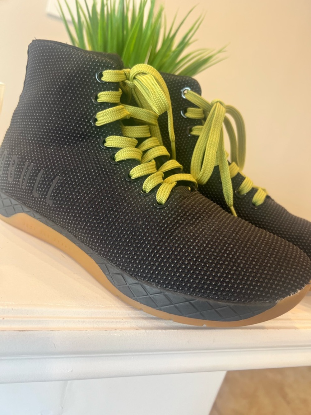 NOBULL Black Knit High-Top Trainers with Yellow Laces